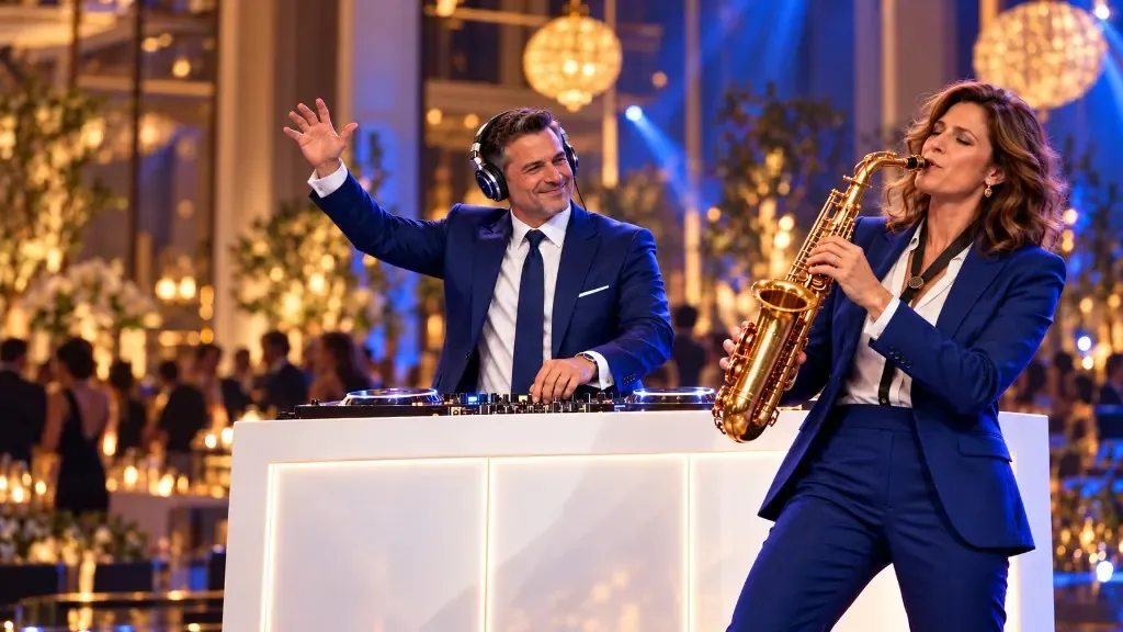 DJ en saxofoniste achter een witte booth in 't Gooi